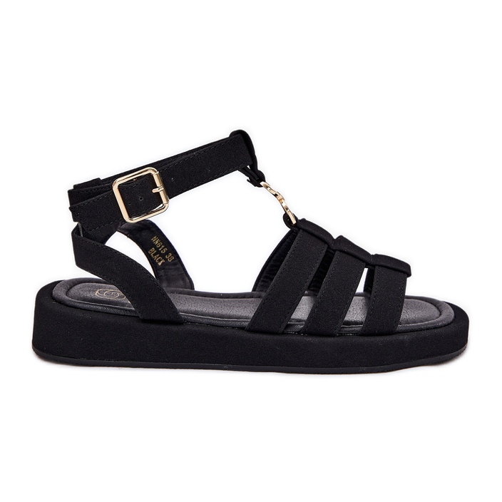 Naisten sandaalit laiturilla kultaisella yksityiskohtaisella mustalla