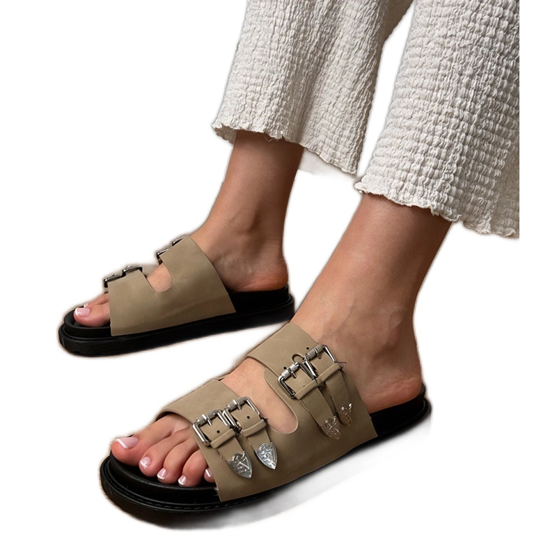 Vihreät naisten tossut koristeellisilla solkilla beige