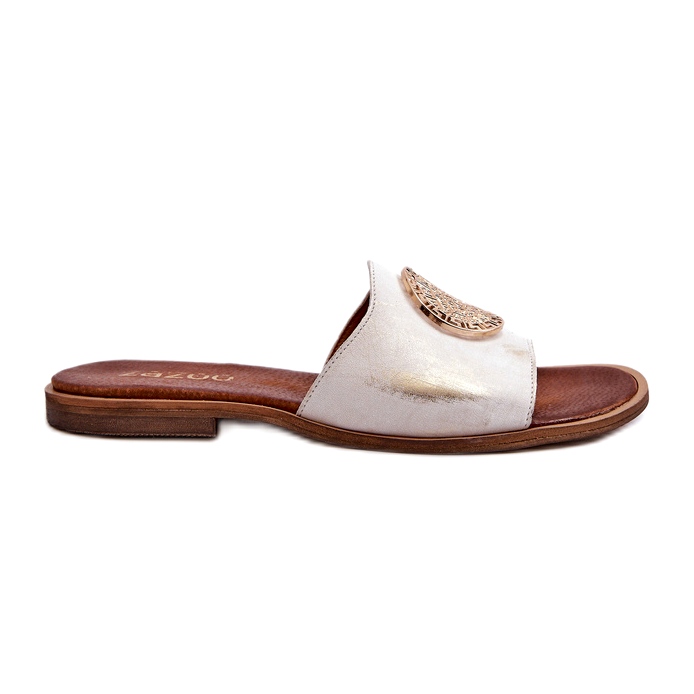 Zazoo 2938 nahkaiset varvastossut tasaisella kantapäällä kultaisella koristeella, harjattu valkoinen