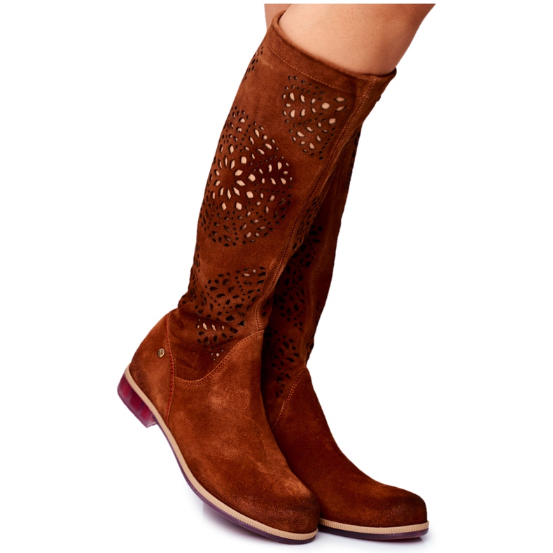 Naisten korkeat saappaat Maciejka Leather Openwork Camel 04525-29 ruskea