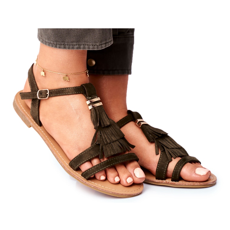 FJ1 Naisten sandaalit Flat Suede Boho Olive Lucami monivärinen vihreä