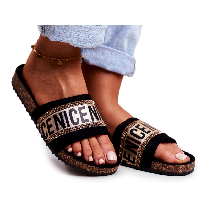 EVE Naisten mustat tohvelit korkissa BeNice Gold -tekojalokivet keltainen