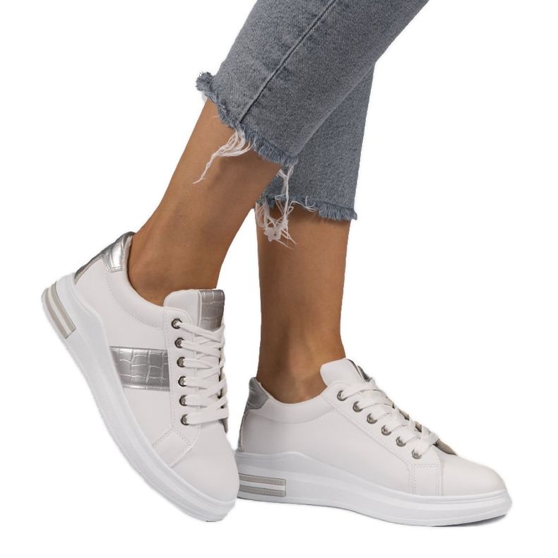 Valkoiset muodikkaat lenkkarit ekonahkaa C912 valkoinen hopea harmaa