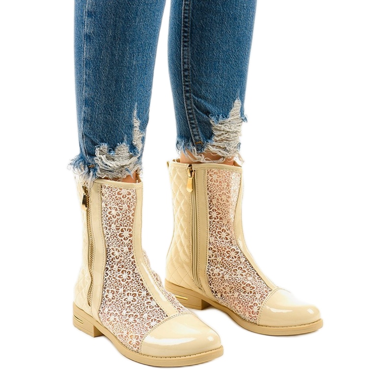 Beige, avokärkiset litteät saappaat X362-2