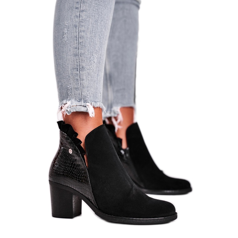 Naisten saappaat kantapäässä, nahkajousi Maciejka musta 04833-01