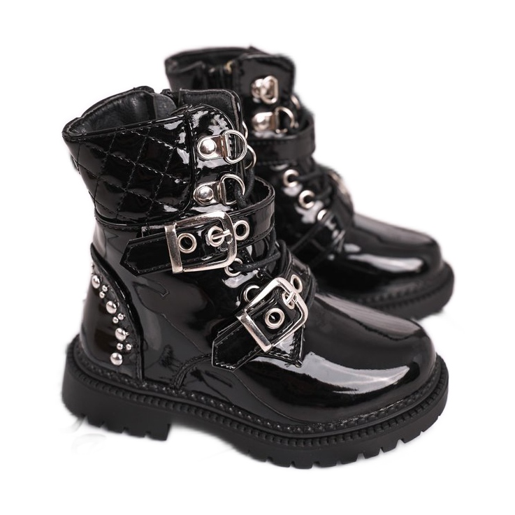 FRROCK Lasten saappaat, jotka on lämmitetty turkiksella, lakattu musta Dolly