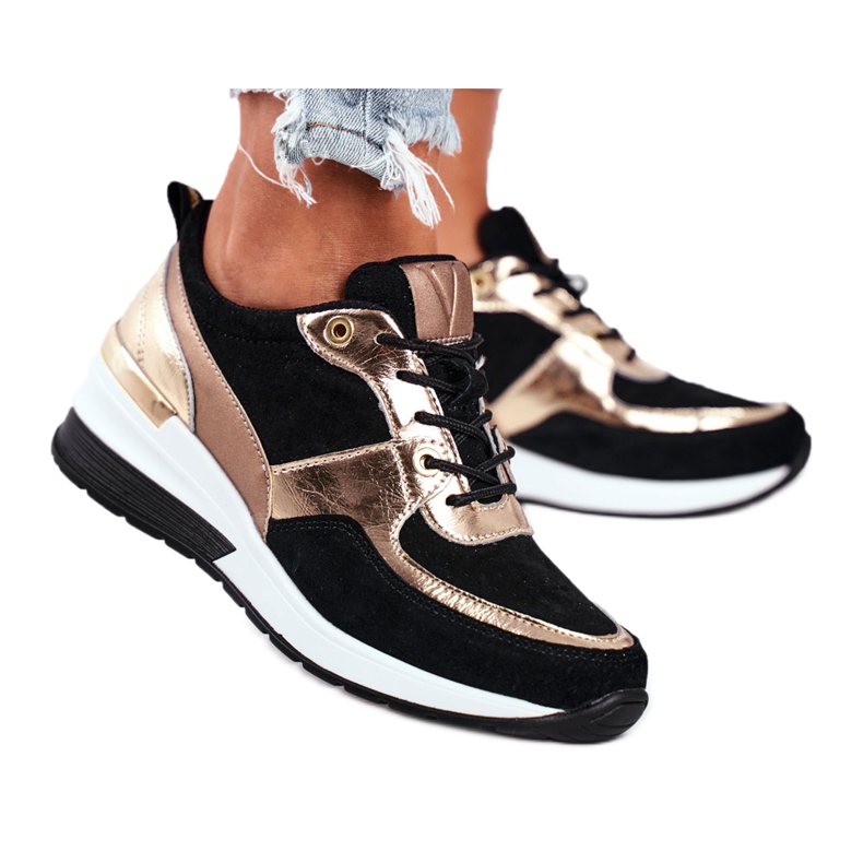 Vinceza Naisten urheilukengät nahka musta ja kulta 21-7777