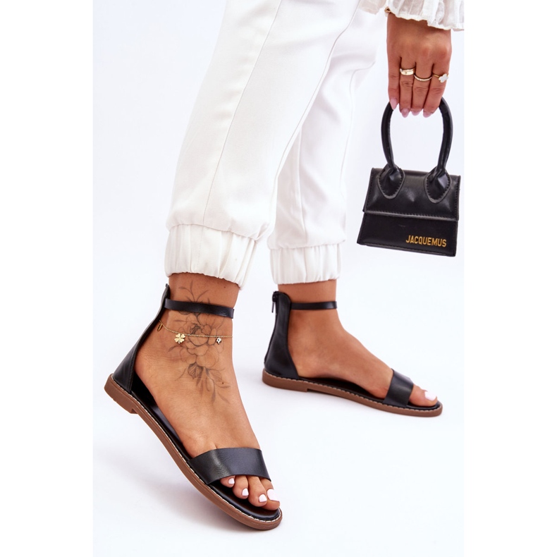 Millou mustat nahkaiset litteät vetoketjusandaalit 1