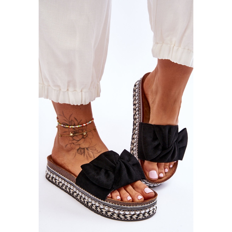 Naisten mokkanahkaiset tossut, joissa rusetti musta Lauria 2