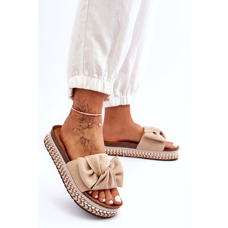 Naisten mokkanahkaiset tossut, joissa rusetti beige Lauria 1