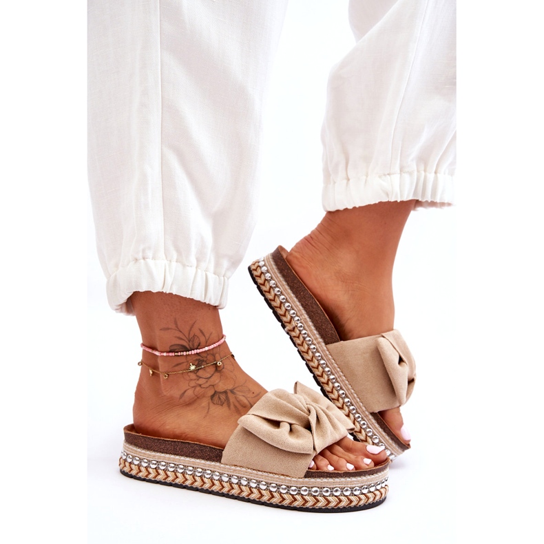 Naisten mokkanahkaiset tossut, joissa rusetti beige Lauria 2