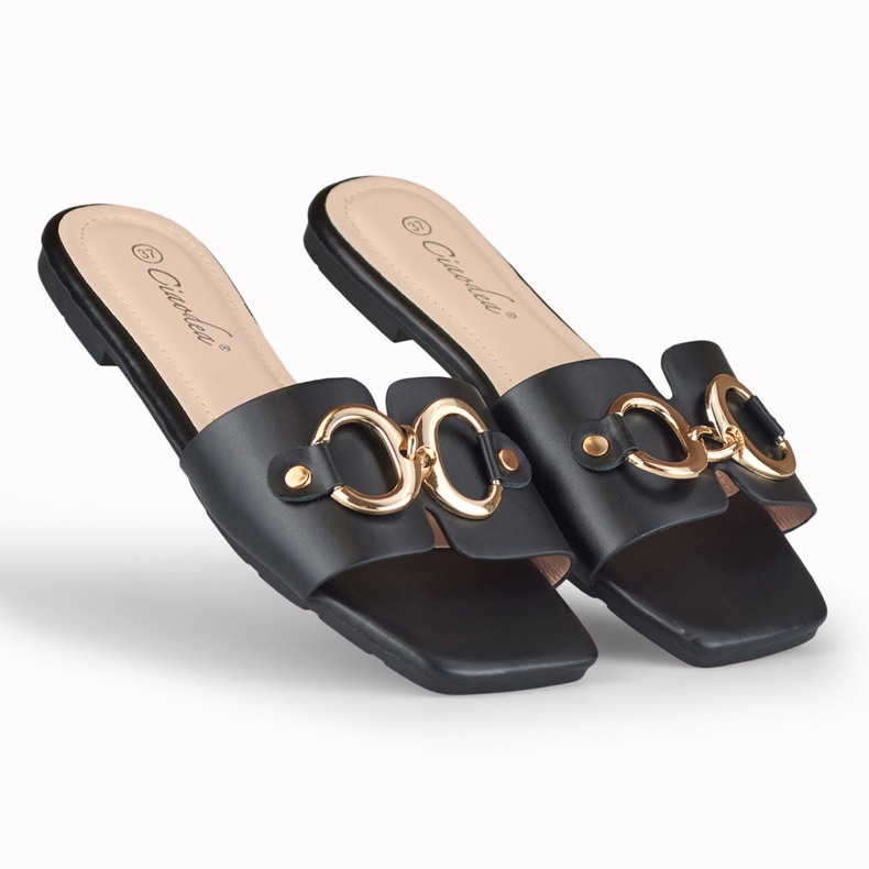 Mustat naisten tossut kultaisella Hensi-koristeella 2