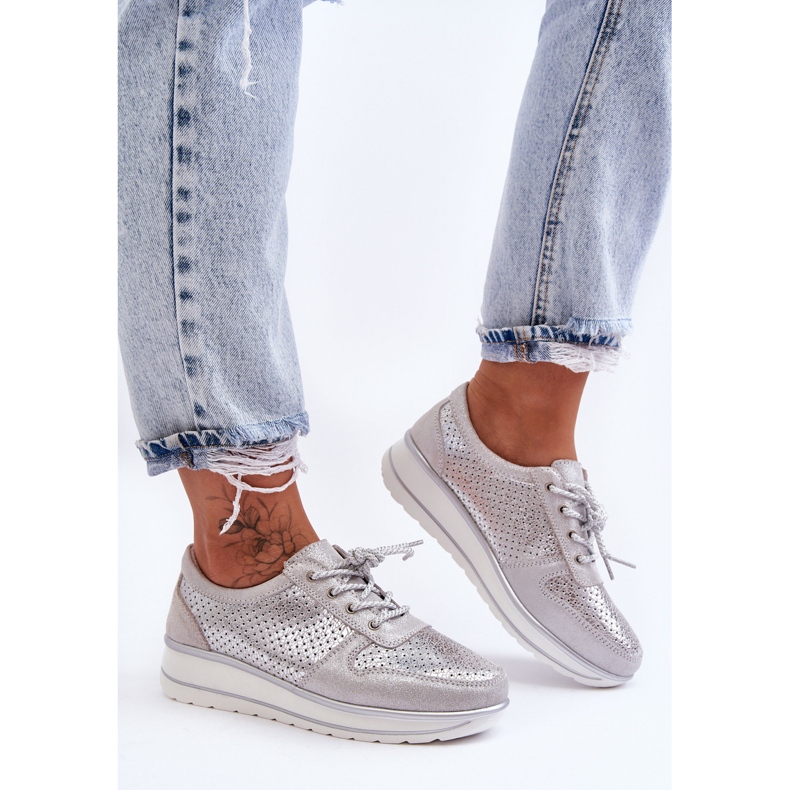 Nahkaiset urheilukengät, joissa rei'itys S.Barski AL22246 Hopea 1