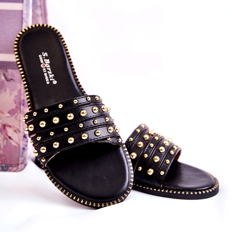 S.Barski Naisten nahkaiset tossut mustalla koristeella 2