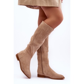 PA1 Suede Flat Heel Boots Beige Eelin 1