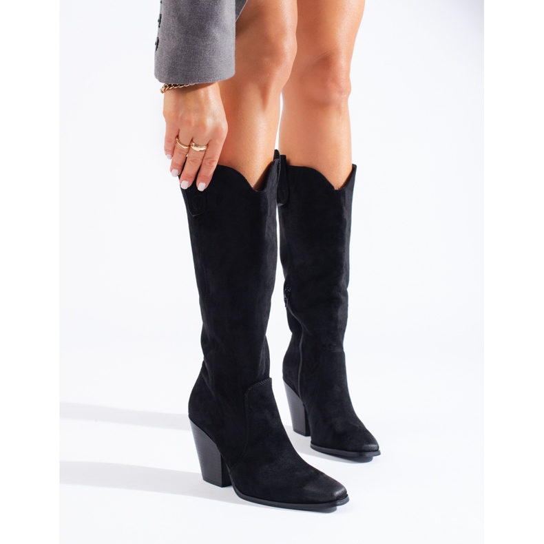 Shelovet naisten mustat mokkanahkakorkoiset cowboysaappaat 2