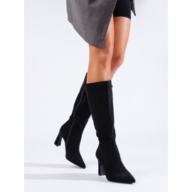 Shelovetin mustat mokkanahkaiset naisten korkeakorkoiset saappaat 1