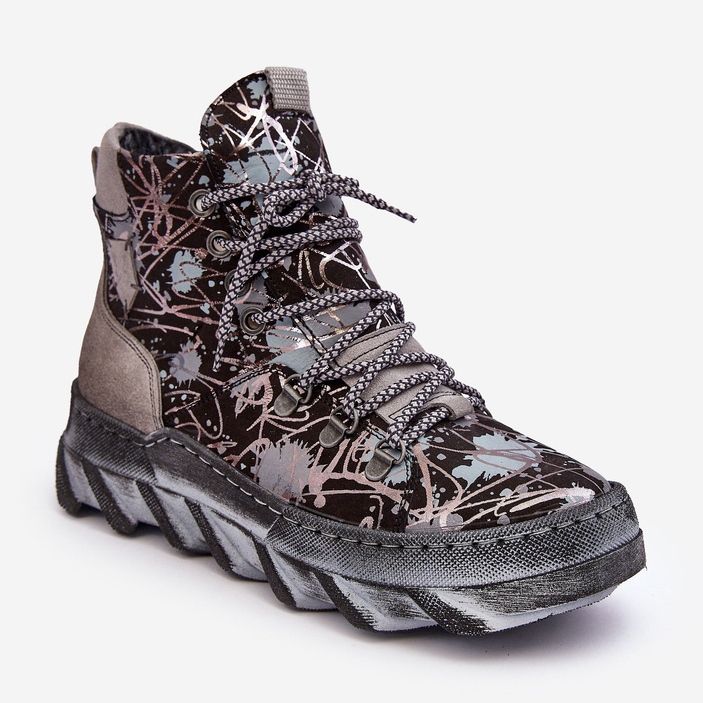 Naisten nahkaiset lämpimät nilkkurit Maciejka 06146-03 harmaa musta 1