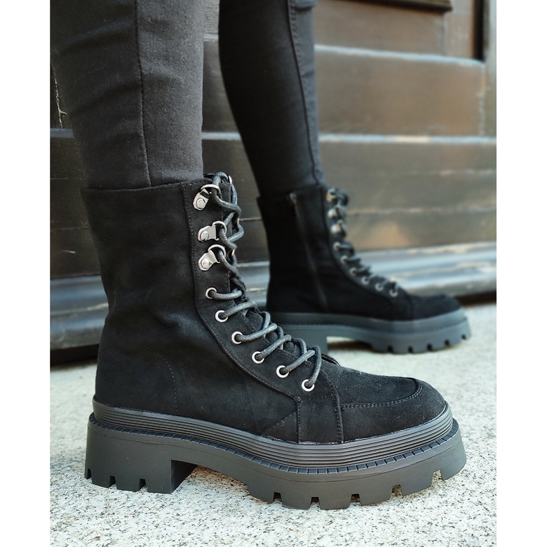 Naisten mustat mokkanahkaiset työntekijöiden saappaat, joissa paksu pohja 2