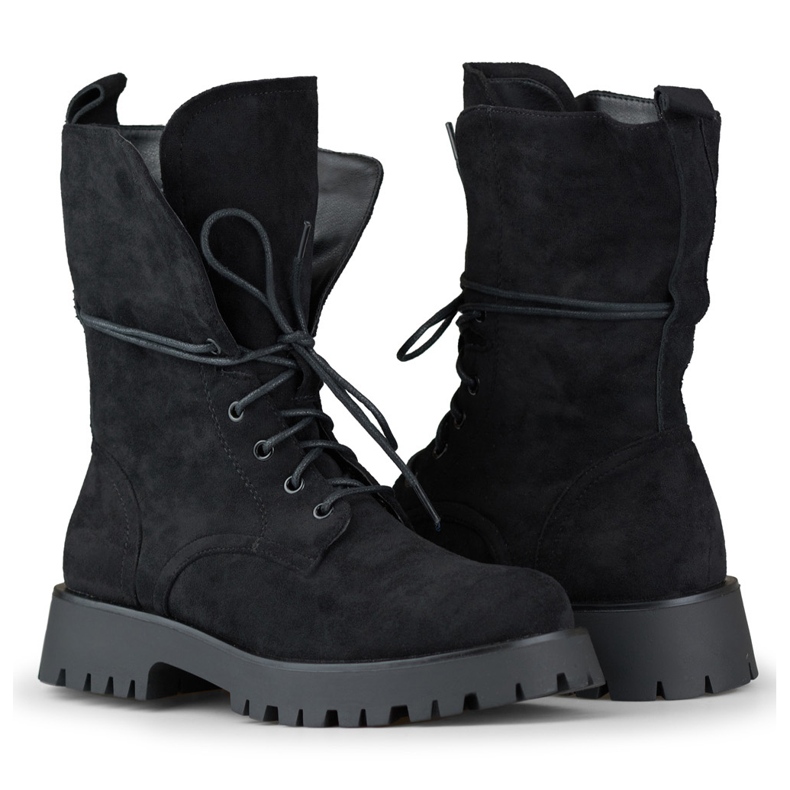 Naisten mustat mokkanahkaa nauhalliset työsaappaat beige 1