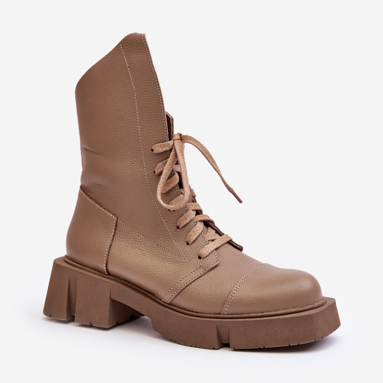 Naisten nahkatyöntekijänilkkurit massiivisella tasakorkoisella Zazoo 976A tumma beige 2