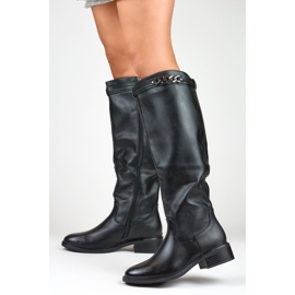 Naisten polvisaappaat, joissa litteä pohja eko-nahasta musta 2