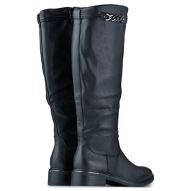 Naisten polvisaappaat, joissa litteä pohja eko-nahasta musta 1