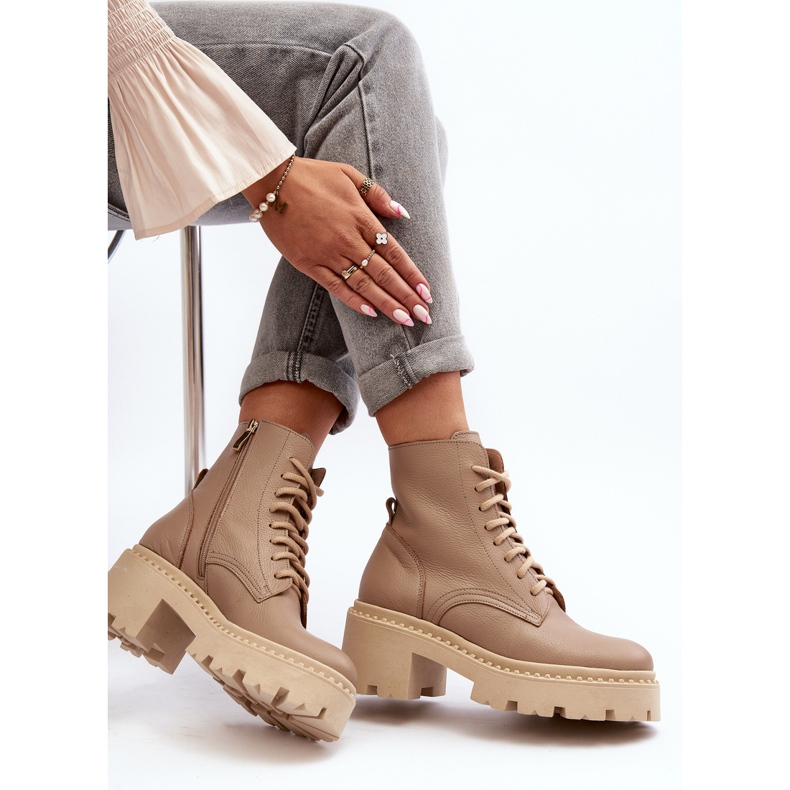 Zazoo 3413 naisten nahkatyönilkkurit massiivisilla korkokengillä, beige 1