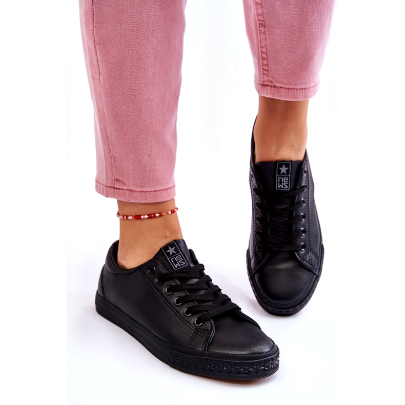 News Naisten nahka sidottu klassiset mustat lenkkarit 5