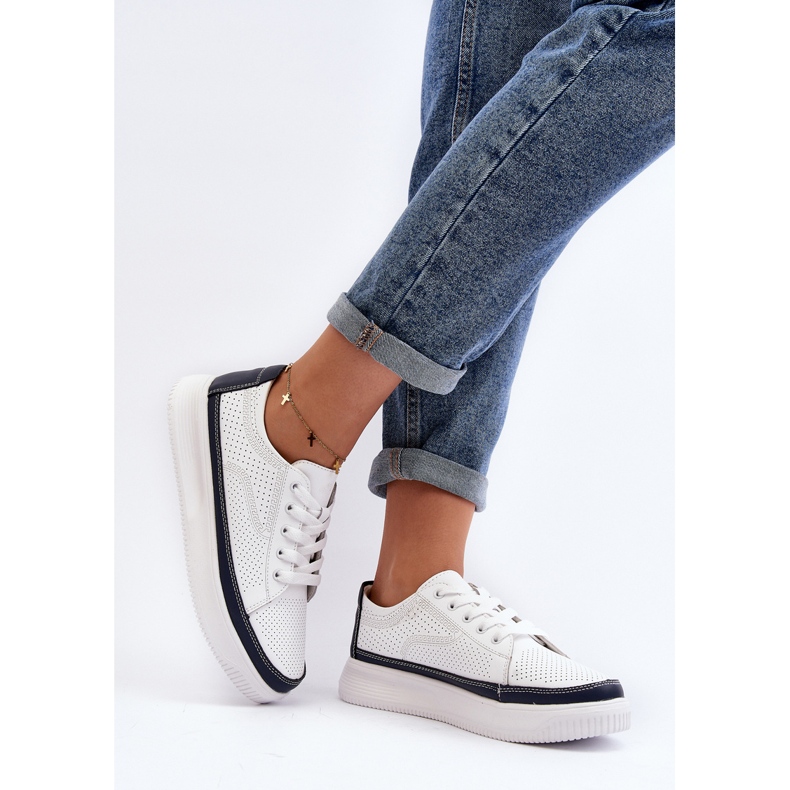 Sergio Leone Naisten nahkaiset urheilukengät tennarit, valkoiset ja laivastonsiniset Failla valkoinen 2