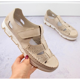 Naisten nahkaiset harjakattoiset kengät tarranauhalla, beige Rieker 49958-61 5