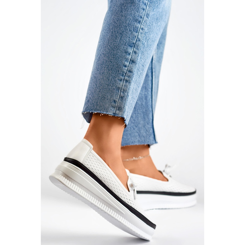 Nahkaiset harjakattoiset kengät naisille, mukavat mokasiinit luonnonnahasta valkoinen 1