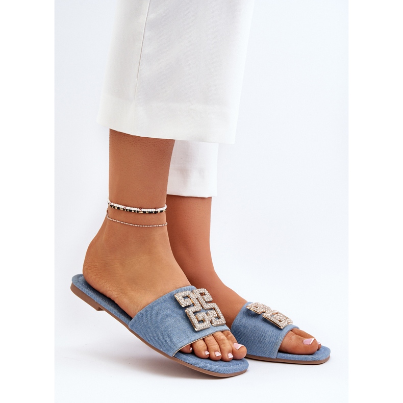 Naisten denim varvastossut tasaisella kantapäällä ja koristeella, sininen inaile 1