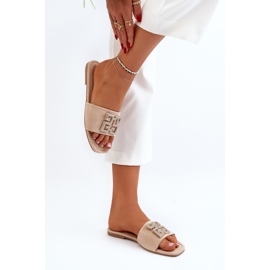 Naisten tasakorkoiset varvastossut koristeella, beige inaile 1