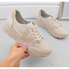 Naisten harjakattoiset nahkaiset urheilukengät, beige Vinceza 7875 1