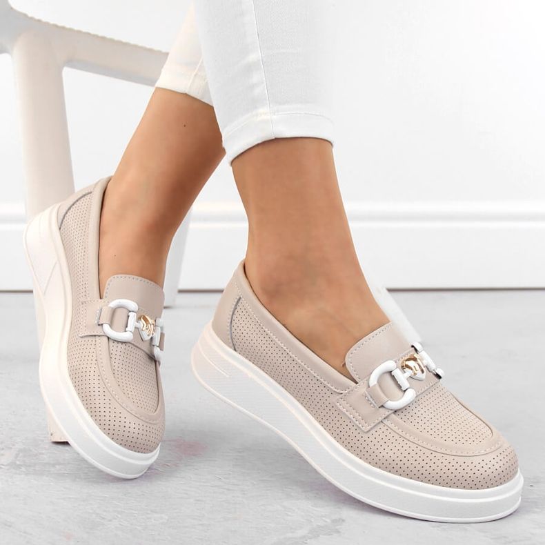 Naisten nahkakengät, mokasiinit alustalla, beige S.Barski LR720 1