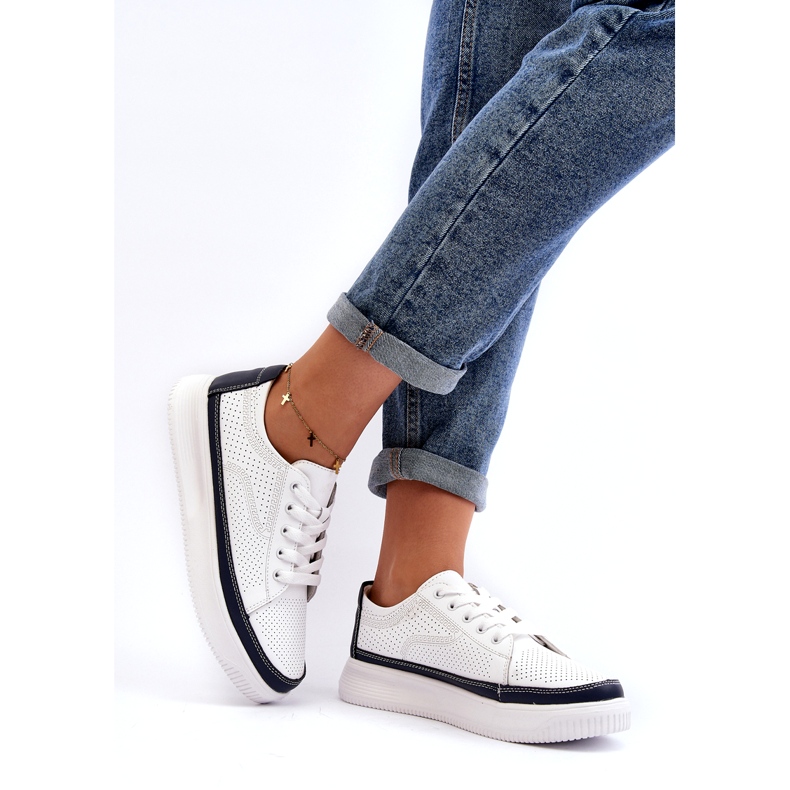 Sergio Leone Naisten nahkaiset urheilukengät, lenkkarit, valkoinen ja laivastonsininen 1