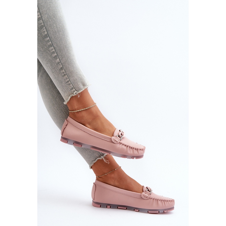 Naisten nahkaiset mokasiinit koristeella, vaaleanpunainen S.Barski LR339 1