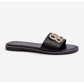 Naisten varvastossut ekologisella nahkakoristeella tasaisella kantapäällä, musta Sadria 1