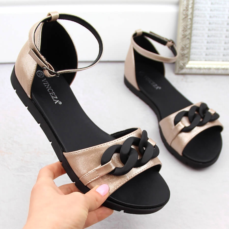 Naisten litteät sandaalit ketjulla, kulta Vinceza 17320 kultainen 1