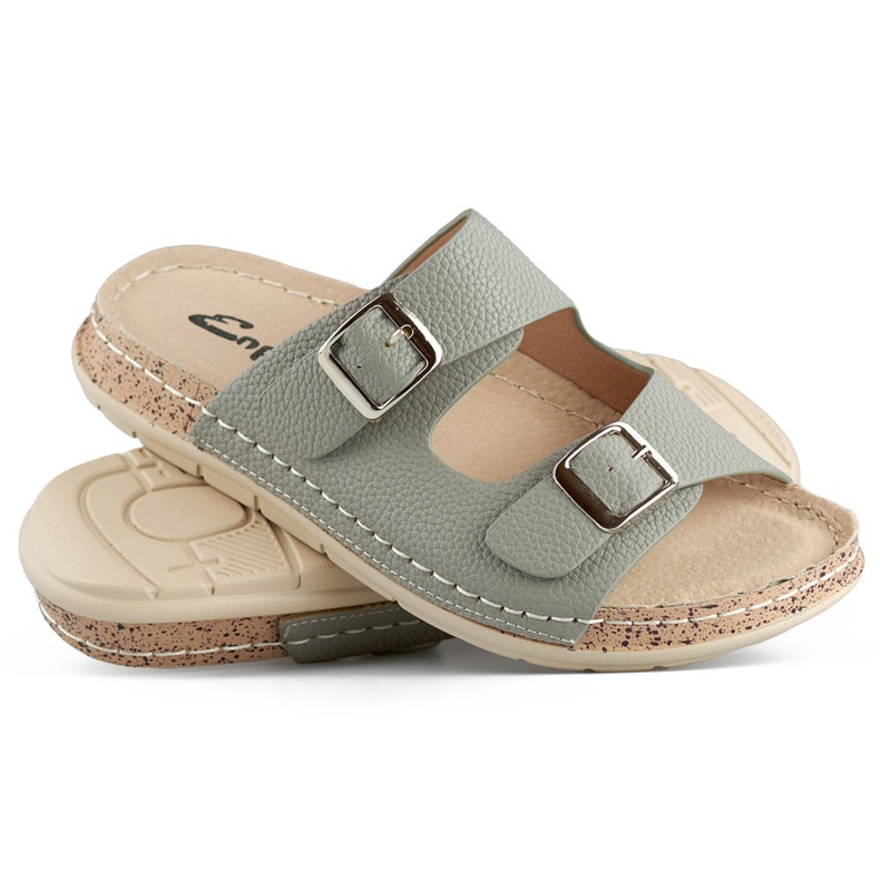 Mukavat harmaat naisten varvastossut kahdella soljella ja nahkaisella pohjallisella 1