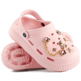 Vaaleanpunaiset varvastossut paksulla pohjalla ja koristeilla vaaleanpunainen 1