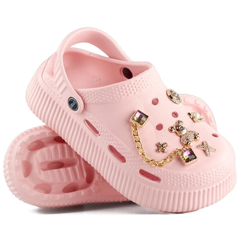 Vaaleanpunaiset varvastossut paksulla pohjalla ja koristeilla vaaleanpunainen 1