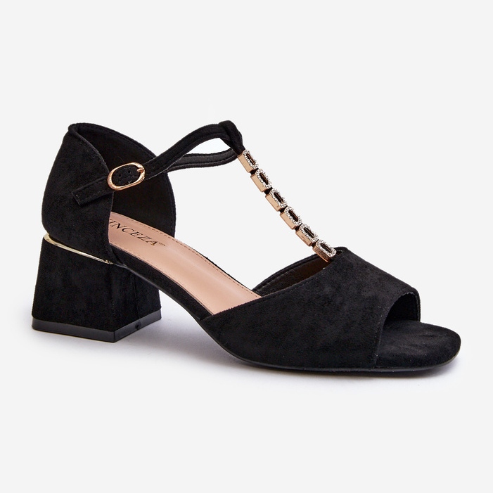 Vinceza Naisten sandaalit Block-korkoisella ja koristeellisella hihnalla, Eco Suede, musta Obivena 1