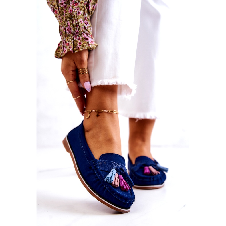 Evento Naisten mokkanahkaiset mokasiinit hapsuilla, laivastonsininen 2