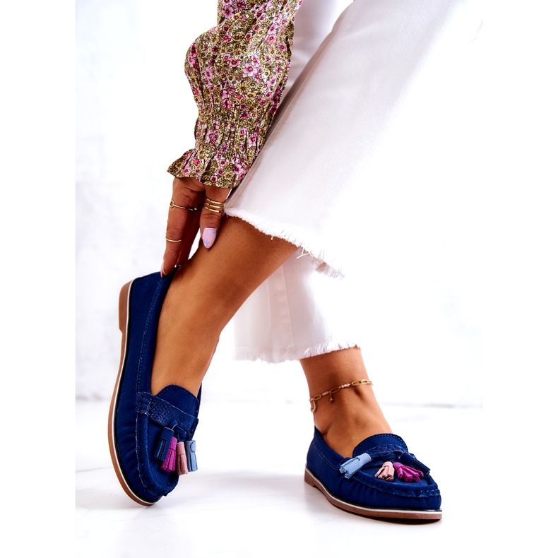 Evento Naisten mokkanahkaiset mokasiinit hapsuilla, laivastonsininen 3