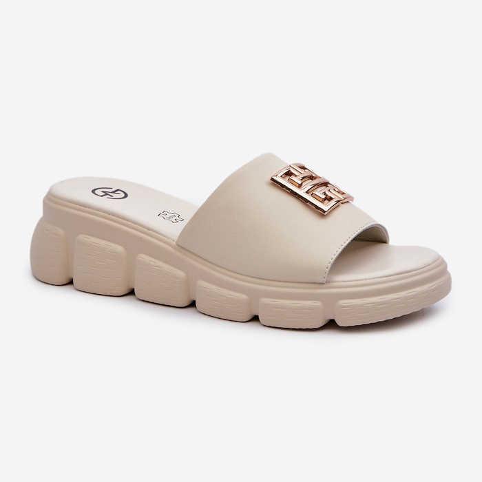 Naisten nahkaiset varvastossut kultakoristeella Wedge Vinceza 41444 Beige 1