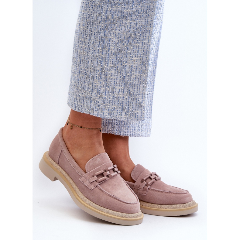 S.Barski Naisten mokkanahkaiset mokasiinit tasaisella kantapäällä koristeella D&amp;A TW101 Dirty Pink vaaleanpunainen 2