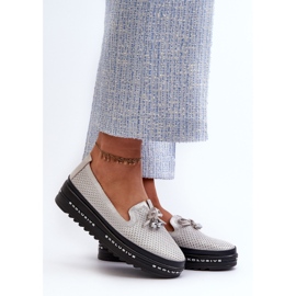 Kiiltävät naisten nahkaiset mokasiinit S.Barski LR400 -tasolla, hopea 2