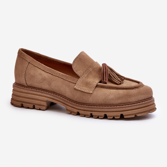 Zazoo 3469 Naisten mokkanahkaiset mokasiinit hapsuilla, beige 1